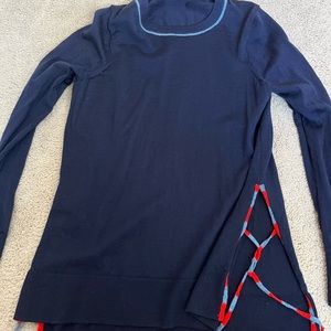 Jcrew merino sweater, open sides with ties, red blue contrast trim